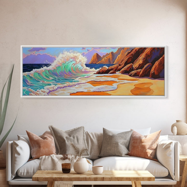 Crashing Wave, Coastal Shore, Sunset Beach, Framed Canvas Print, Ocean Wall Art, Beach Decor, Vibrant Surf Painting, Bathroom Art