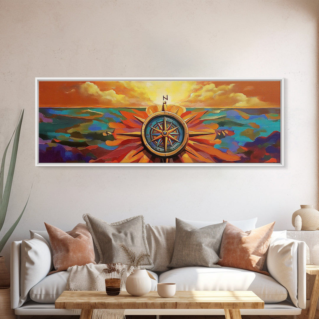 Compass Rose, Nautical Decor, Seafaring Art, Sunset Ocean, Framed Canvas Print, Beach House Art, Office Wall Art, Boho Travel Art