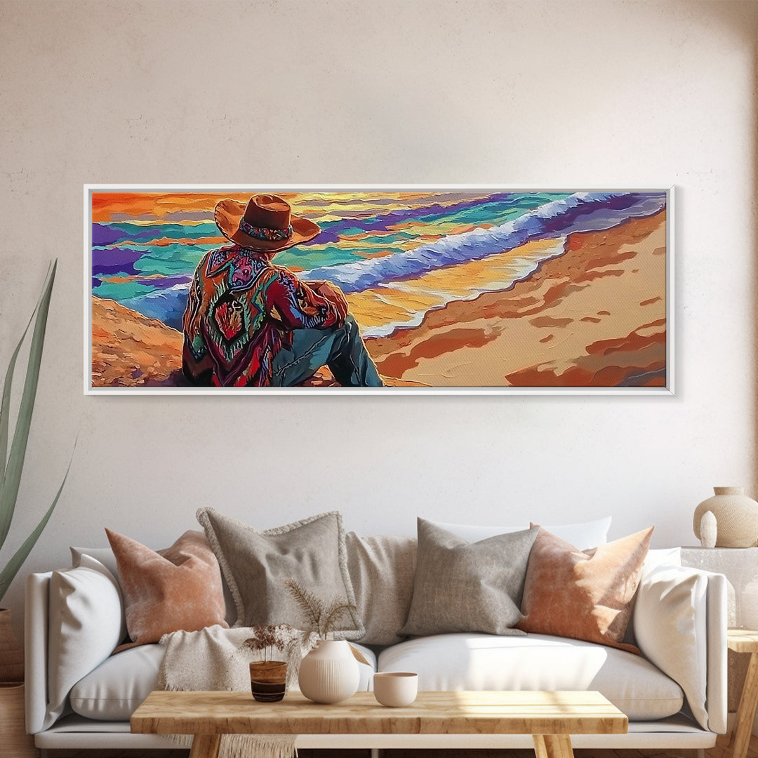 Coastal Cowboy, Ocean View, Serene Sunset, Western Art, Canvas Print, Living Room Wall Art, Southwestern Vibes, Beach Cowboy Scene