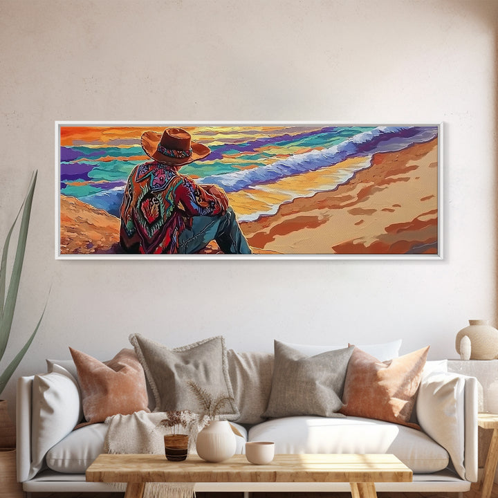 Coastal Cowboy, Ocean View, Serene Sunset, Western Art, Canvas Print, Living Room Wall Art, Southwestern Vibes, Beach Cowboy Scene