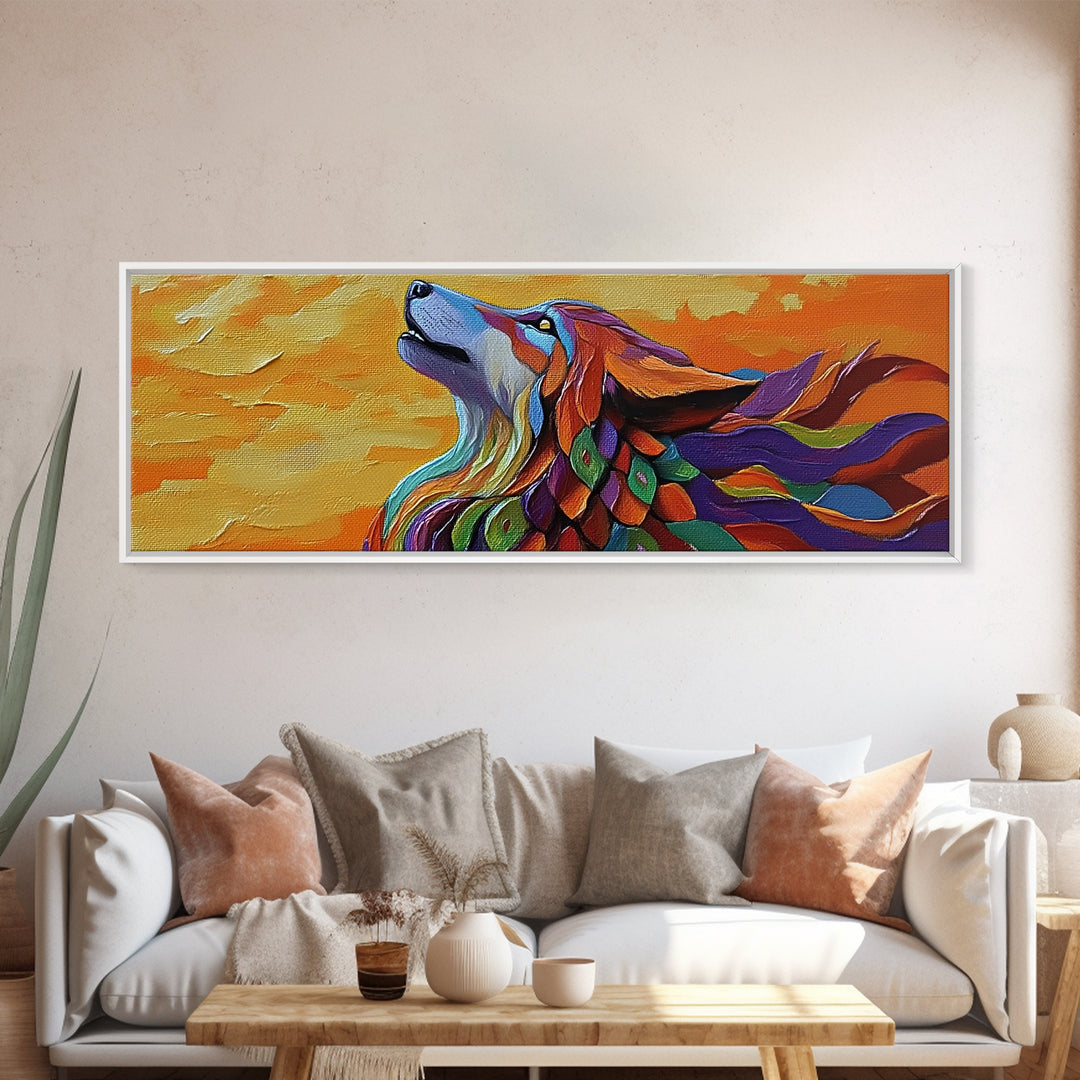 Colorful Wolf, Spirit Animal, Autumn Sky, Boho Vibes, Framed Canvas Print, Eclectic Wall Art, Bedroom Accent, Mystical Animal Painting