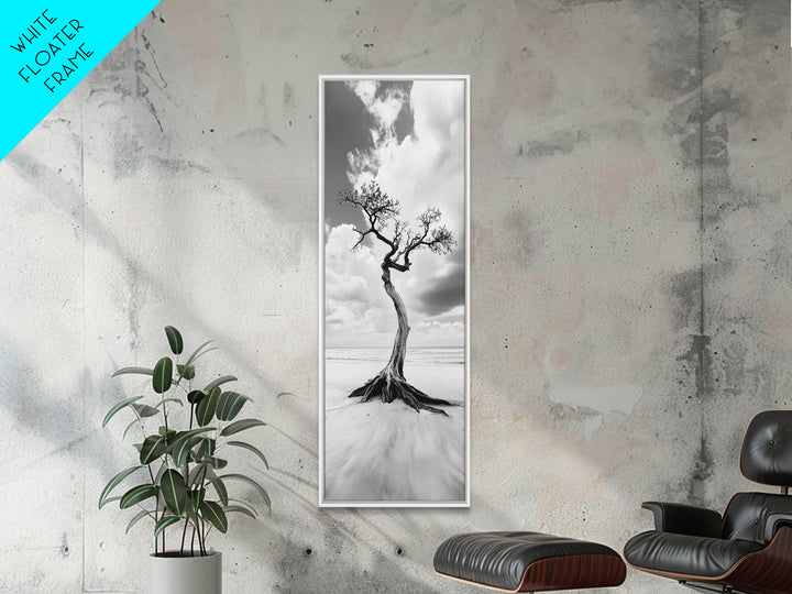 Solitary Tree, Beach Art, Surreal Landscape, Moody Wall Decor, Framed Canvas Print, Meditation Room Art, Monochrome Nature Style