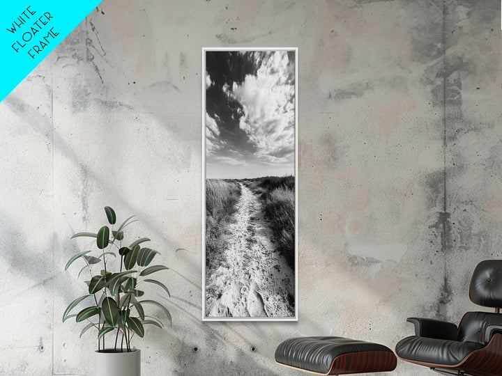 Sandy Trail, Beach Path, Cloudy Sky, Coastal Living, Framed Canvas Print, Relaxed Nature Vibe, Hallway Wall Art, Minimal Decor