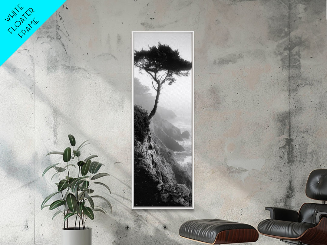 Coastal Tree, Cliff View, Ocean Mist, Moody Landscape, Canvas Print, Serene Bedroom Art, Monochrome Nature Photography Style