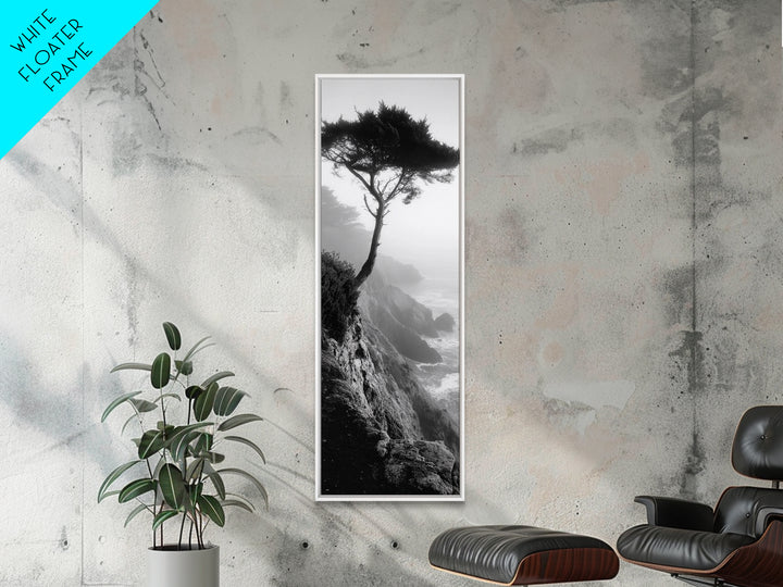 Coastal Tree, Cliff View, Ocean Mist, Moody Landscape, Canvas Print, Serene Bedroom Art, Monochrome Nature Photography Style