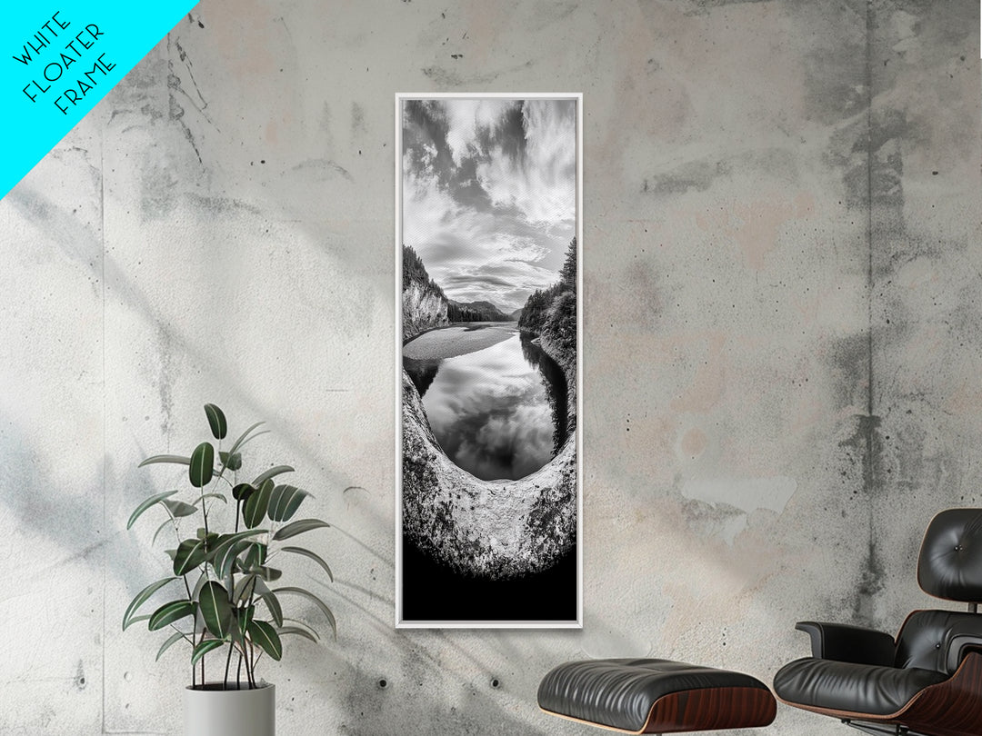 Black and White River, Forest Nature Scene, Reflection Wall Art, Framed Canvas Print, Neutral Landscape, Minimalist Bedroom Decor