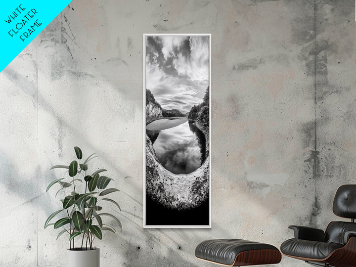 Black and White River, Forest Nature Scene, Reflection Wall Art, Framed Canvas Print, Neutral Landscape, Minimalist Bedroom Decor