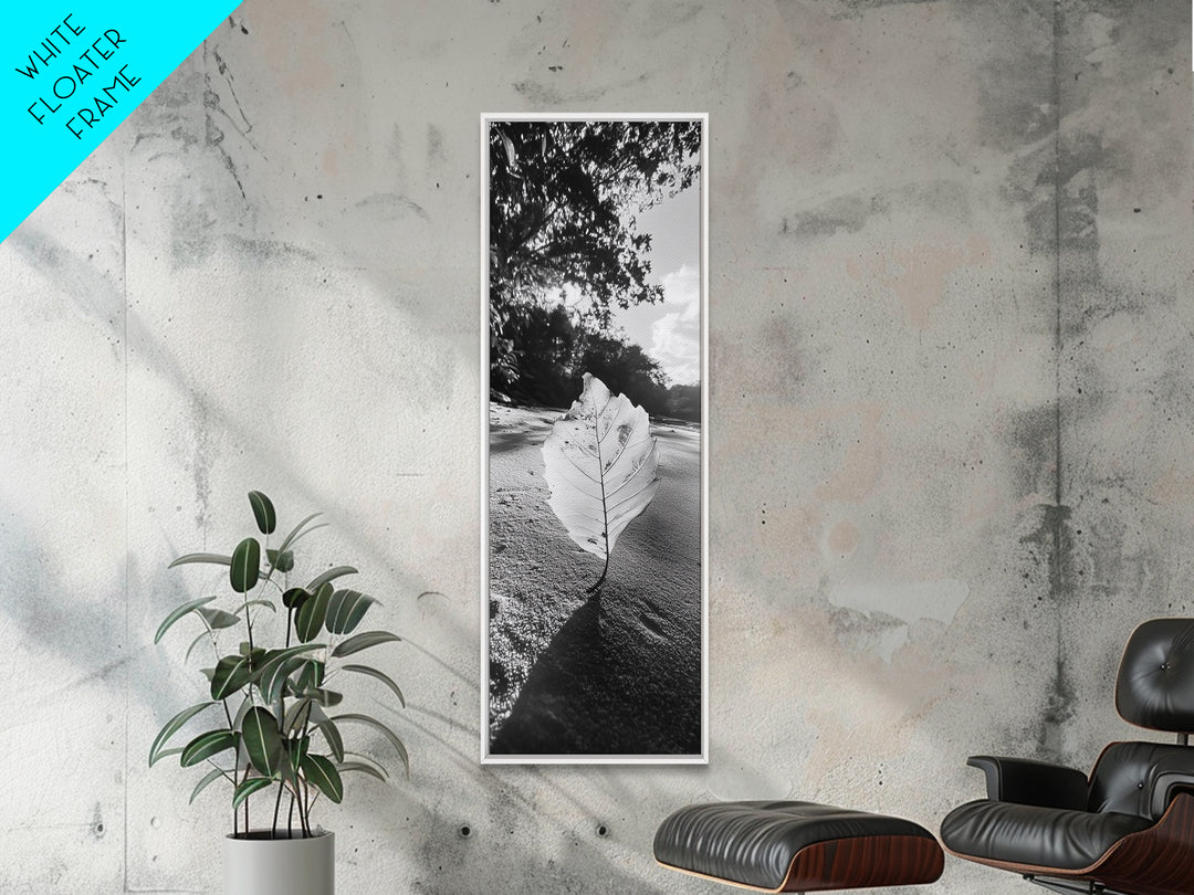 Autumn Leaf Beach, Fall Nature Scene, Minimal Wall Decor, Framed Canvas Print, Seasonal Bedroom Art, Black and White Photography
