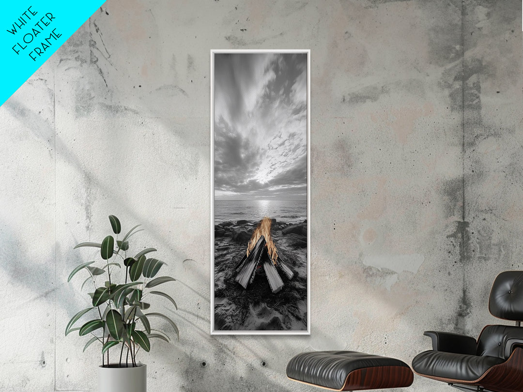 Beach Bonfire Glow, Coastal Campfire Art, Sunset Ocean Scene, Framed Canvas Print, Autumn Decor, Rustic Living Room Wall Art