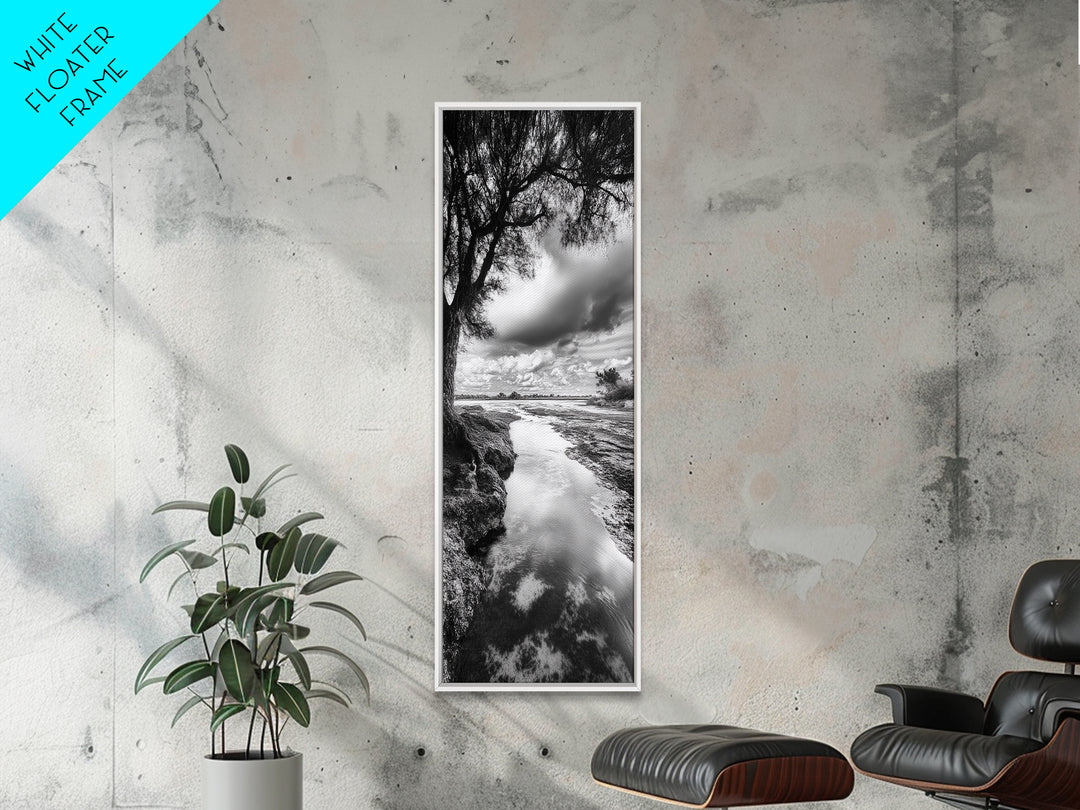 River Through Trees, Tranquil Forest Stream, Reflective Nature Art, Framed Canvas Print, Zen Living Room Wall Decor, Calm Scene