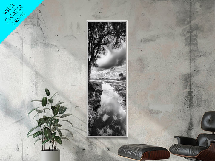 River Through Trees, Tranquil Forest Stream, Reflective Nature Art, Framed Canvas Print, Zen Living Room Wall Decor, Calm Scene