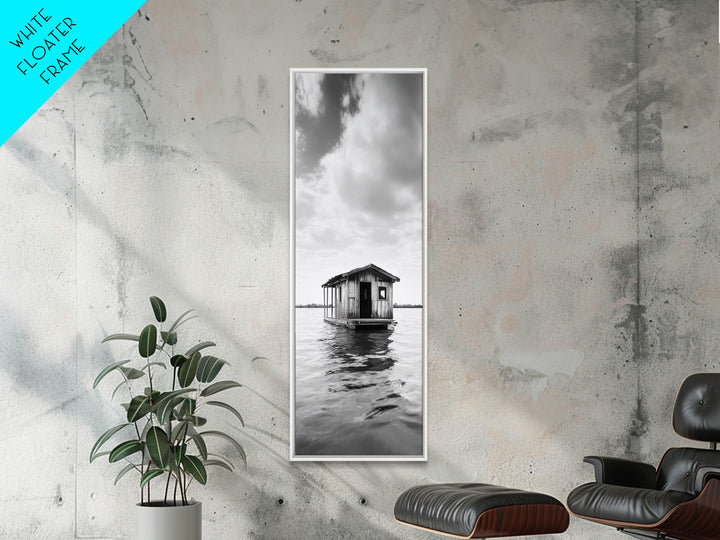 Floating Cabin, Water House, Tranquil Escape, Framed Canvas Print, Serene lake house wall art, Cabin decor, Nature minimalist bathroom print