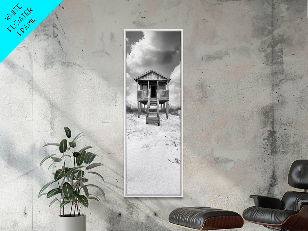 Beachfront Cabin, Rustic Shack, Seaside Simplicity, Cloudy Sky, Island Life, Framed Canvas Print, Entryway Wall Art, Coastal Farmhouse Decor