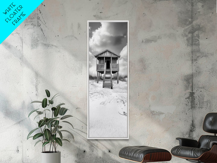 Beachfront Cabin, Rustic Shack, Seaside Simplicity, Cloudy Sky, Island Life, Framed Canvas Print, Entryway Wall Art, Coastal Farmhouse Decor