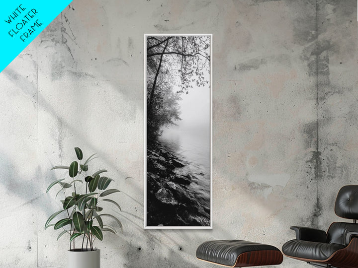 Lakeside Mist, Rocky Shoreline, Tranquil Forest, Framed Canvas Print, Peaceful woodland wall art, Fall neutral decor, Nature themed office print