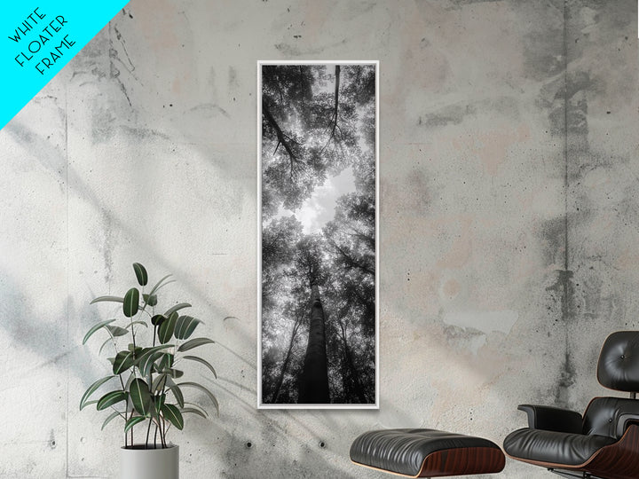 Forest Canopy, Nature Perspective, Tranquil Trees, Black and White, Framed Canvas Print, Cabin Wall Art, Scandinavian Decor, Minimalist Style
