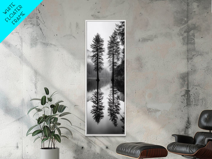 Twin Pines, Forest Reflection, Misty Lake, Black and White Nature, Framed Canvas Print, Living Room Wall Art, Nature Photography, Zen Decor