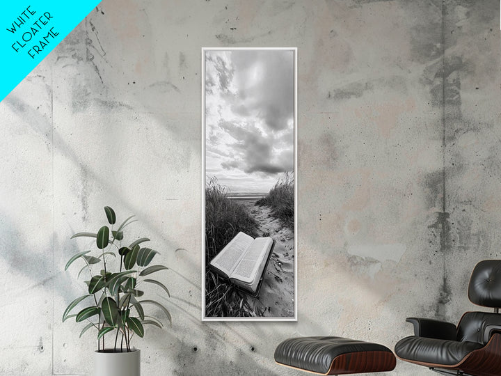 Bible on Beach, Spiritual Escape, Coastal Tranquility, Nature Meditation, Canvas Print, Faith Wall Art, Office Decor, Minimalist Art
