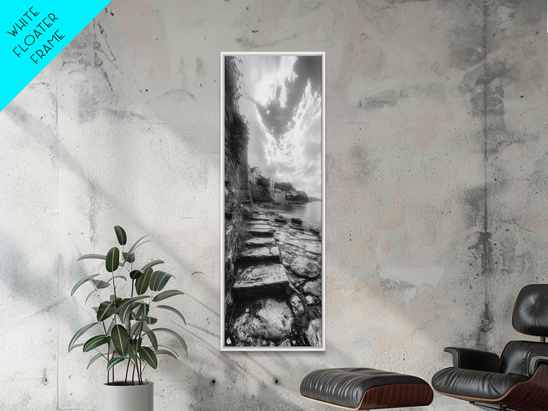 Cliffside Village, Stone Path, Seaside Escape, Dreamy Landscape, Canvas Print, Living Room Wall Art, Romantic Wall Decor, Monochrome Style