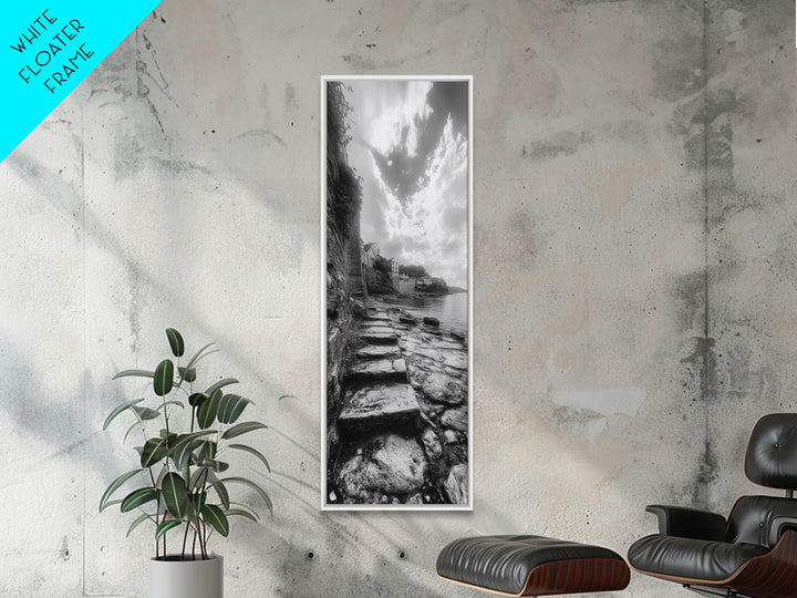 Cliffside Village, Stone Path, Seaside Escape, Dreamy Landscape, Canvas Print, Living Room Wall Art, Romantic Wall Decor, Monochrome Style