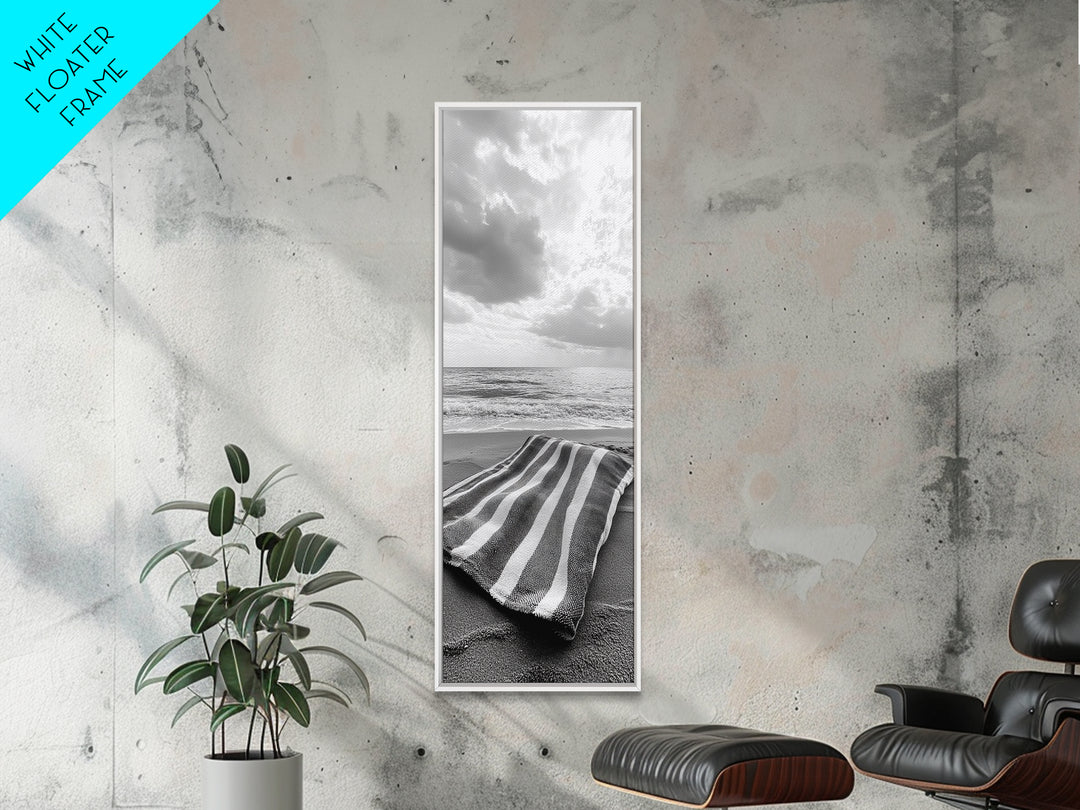 Beach Towel View, Ocean Breeze, Seaside Calm, Striped Blanket, Relaxation Mood, Framed Canvas Print, Bathroom Wall Art, Minimalist Coastal Art