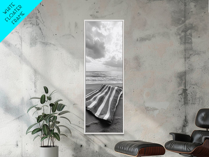 Beach Towel View, Ocean Breeze, Seaside Calm, Striped Blanket, Relaxation Mood, Framed Canvas Print, Bathroom Wall Art, Minimalist Coastal Art