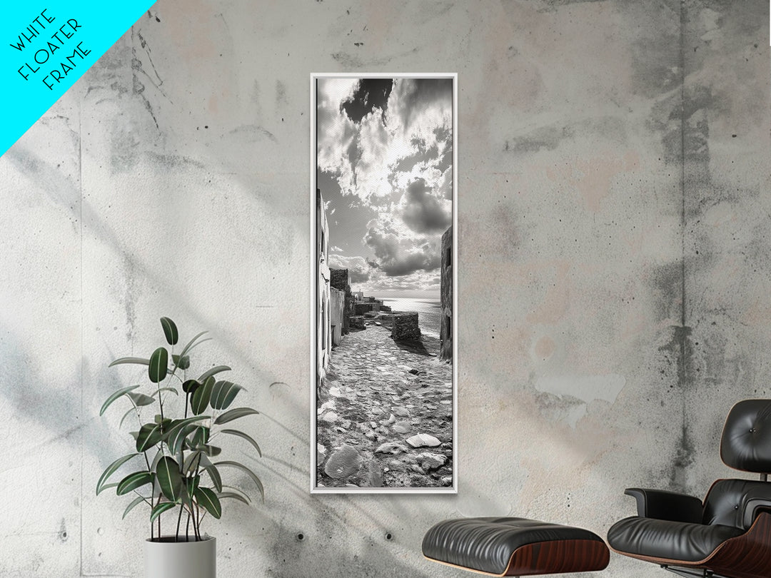 Coastal Street, Ocean View, Mediterranean Charm, Monochrome Photography, Framed Canvas Print, Living Room Print, Kitchen Wall Art