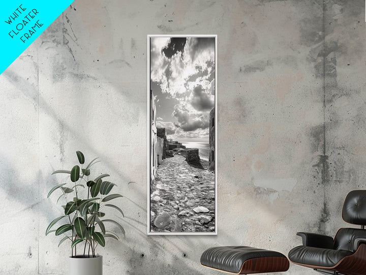 Coastal Street, Ocean View, Mediterranean Charm, Monochrome Photography, Framed Canvas Print, Living Room Print, Kitchen Wall Art