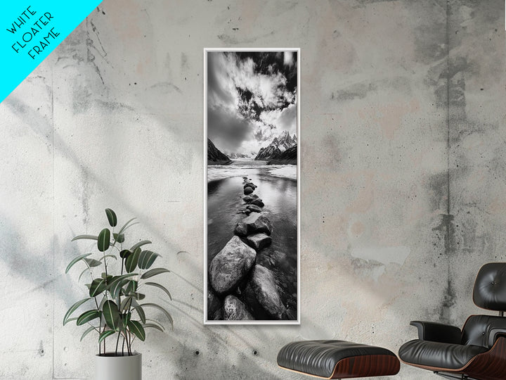 Mountain Stream, Stone Path, Black and White Nature, Scenic Landscape, Framed Canvas Print, Modern Cabin or Rustic Wall Decor, Office Art
