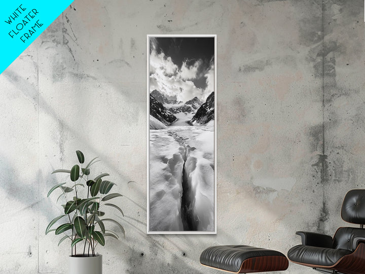 Glacier Trail, Snowy Valley, Black and White Mountain Art, Crevasse Texture, Canvas Print, Winter Landscape, Office Print, Entry Wall Art