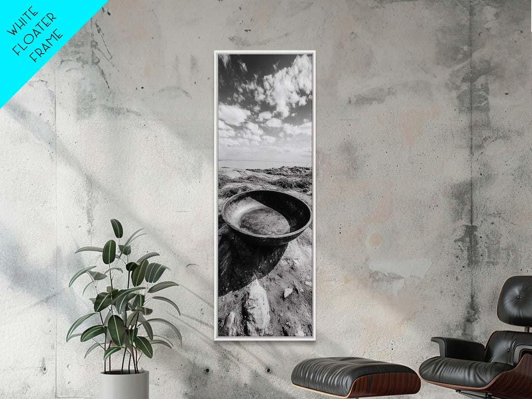 Desert Bowl, Coastal Landscape, Black and White Texture, Minimal Earth Tones, Framed Canvas Print, Rustic Farmhouse Kitchen Wall Art
