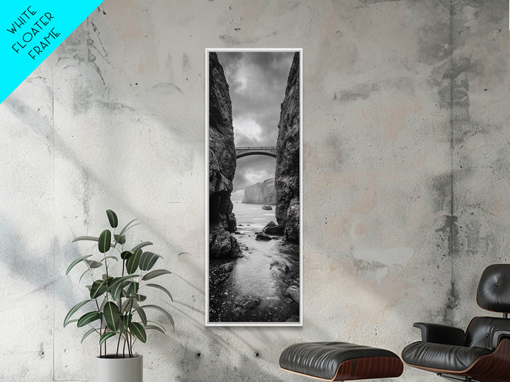 Sea Arch, Cliff Bridge, Coastal Landscape, Dramatic Ocean View, Black and White Framed Canvas Print, Bathroom Art, Hallway Wall Art
