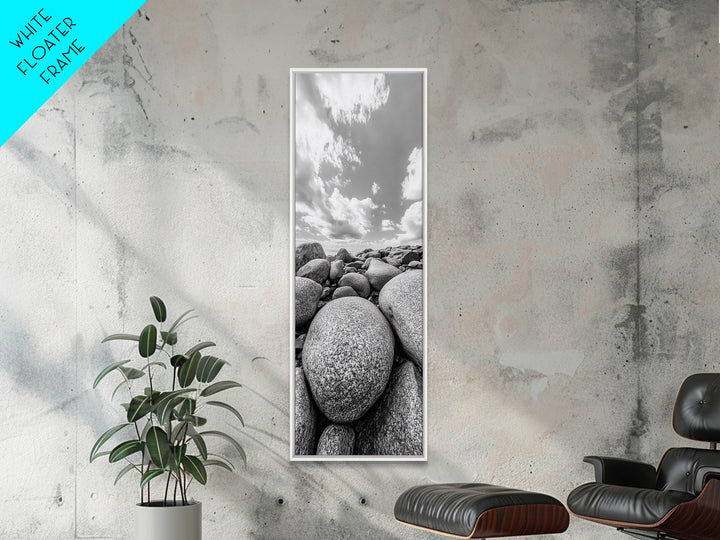 Granite Boulders, Coastal Rocks, Ocean Horizon, Dramatic Clouds, Framed Canvas Print, Nature Wall Art, Modern Beach House Decor