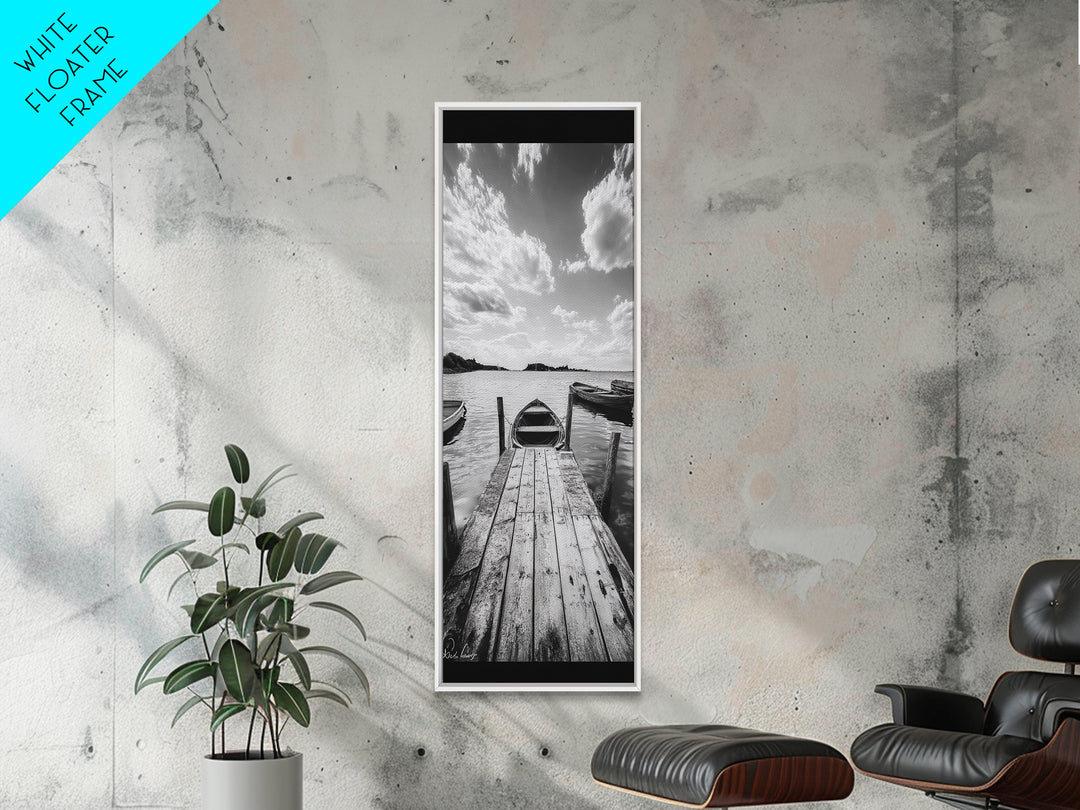 Docked Rowboat, Calm Waters, Rustic Pier, Serene Lake View, Framed Canvas Print, Black and White Coastal Art, Bedroom Wall Decor