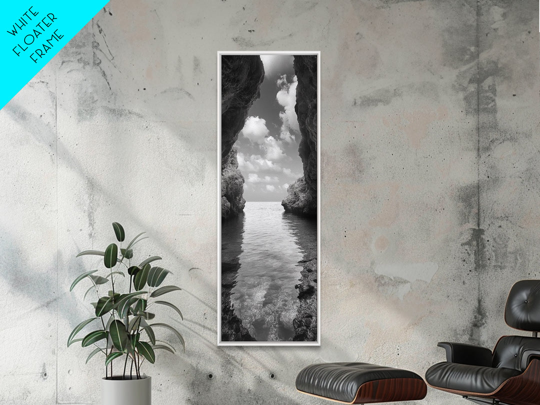 Ocean Cave, Tranquil Waters, Cloudy Sky, Coastal Wall Art, Canvas Print, Black and White Nature Decor, Modern Beach House Wall Art