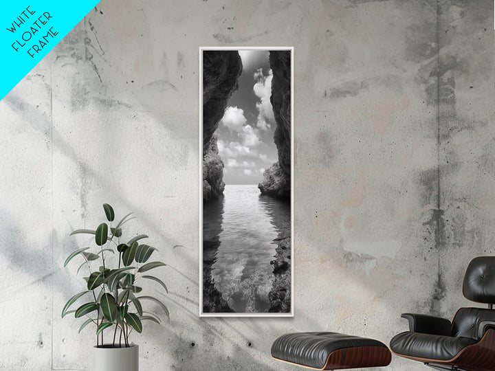Ocean Cave, Tranquil Waters, Cloudy Sky, Coastal Wall Art, Canvas Print, Black and White Nature Decor, Modern Beach House Wall Art