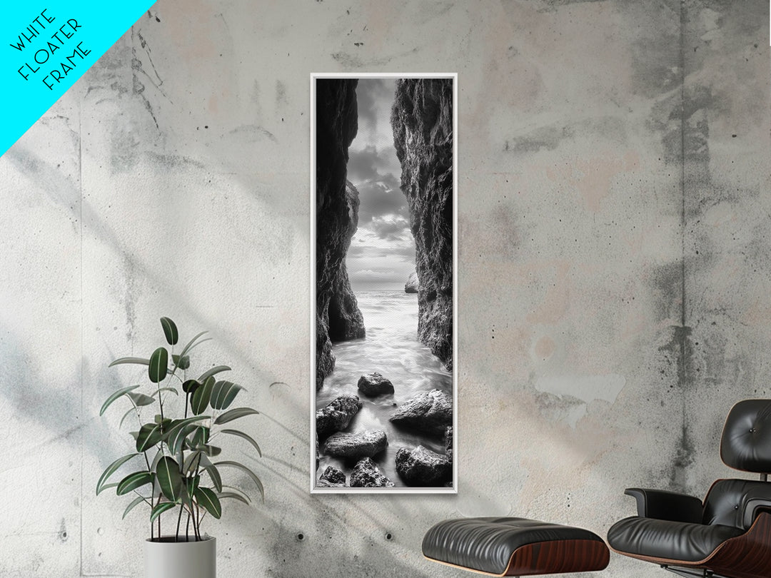 Rocky Passage, Seaside View, Cave Entrance, Dramatic Nature Scene, Framed Canvas Print, Moody Black and White Bedroom Wall Art, Hallway Decor