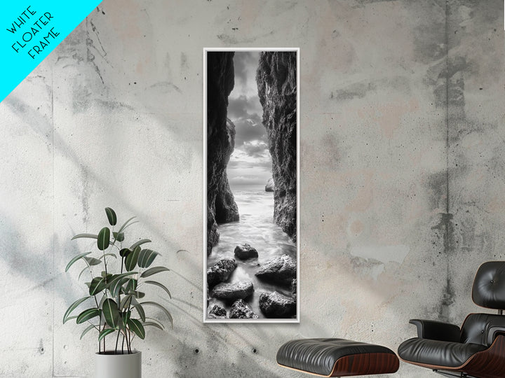 Rocky Passage, Seaside View, Cave Entrance, Dramatic Nature Scene, Framed Canvas Print, Moody Black and White Bedroom Wall Art, Hallway Decor