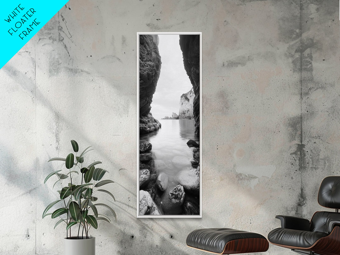 Cliff View, Hidden Bay, Ocean Serenity, Rock Formations, Canvas Print, Black and White Coastal Landscape, Entryway Art, Dining Wall Art