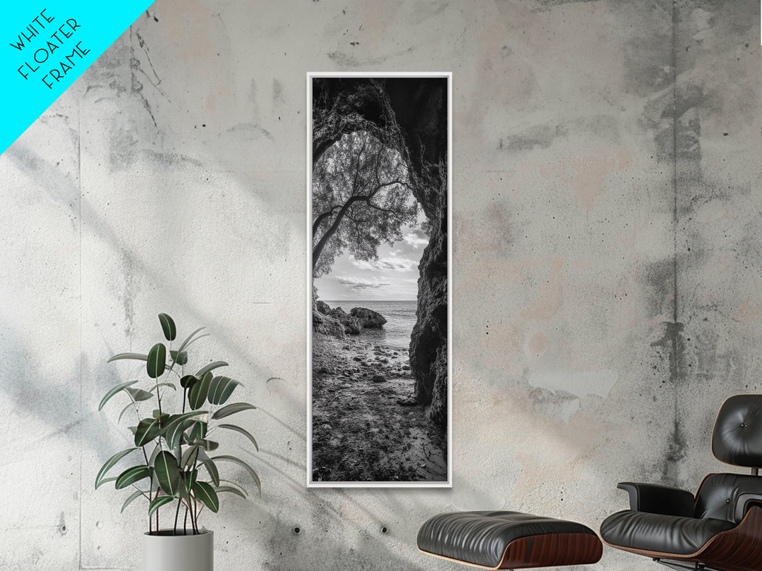 Cave View, Coastal Tree, Ocean Horizon, Black and White Landscape, Canvas Print, Rustic Seaside Art, Living Room Art, Entry Wall Decor