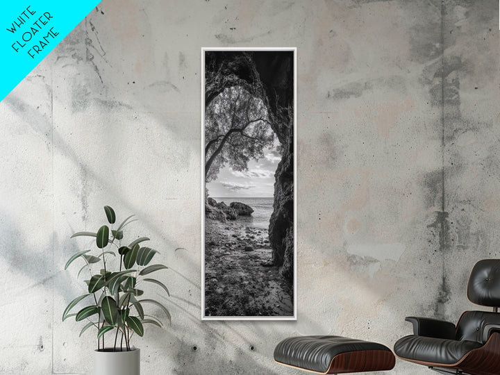 Cave View, Coastal Tree, Ocean Horizon, Black and White Landscape, Canvas Print, Rustic Seaside Art, Living Room Art, Entry Wall Decor