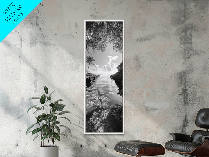 Island Cove, Palm Tree, Peaceful Sea, Tropical Coastline, Black and White Framed Canvas Print, Boho Beach Wall Art, Bathroom Decor