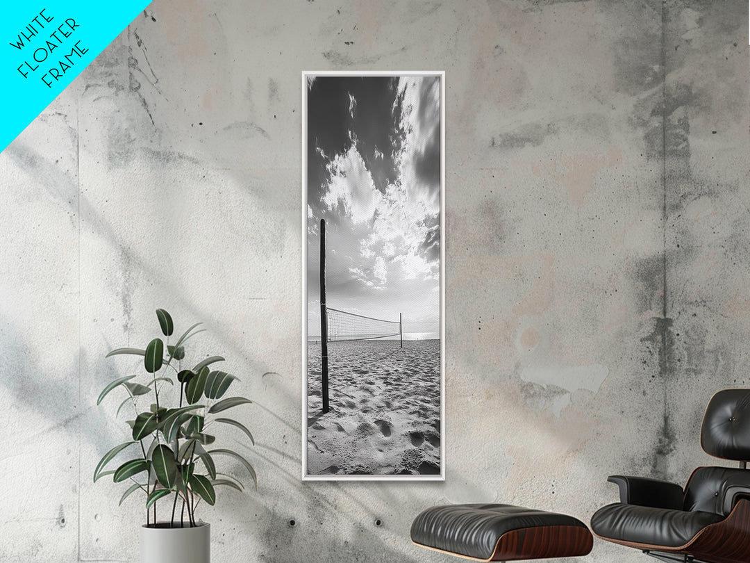 Beach Volleyball, Sandy Court, Summer Games, Ocean Sky, Active Lifestyle, Framed Canvas Print, Game Room Wall Art, Sporty Coastal Art