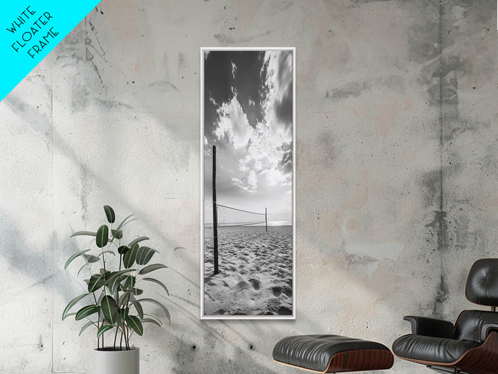 Beach Volleyball, Sandy Court, Summer Games, Ocean Sky, Active Lifestyle, Framed Canvas Print, Game Room Wall Art, Sporty Coastal Art