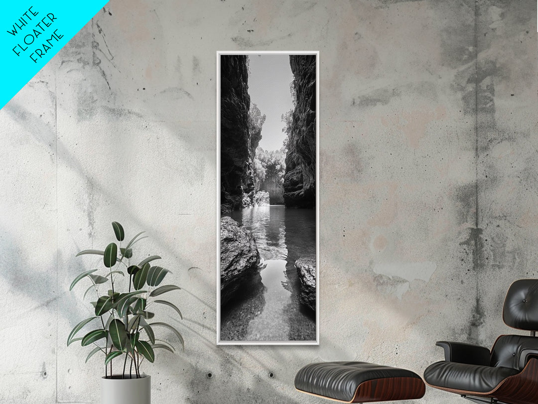 Cliff Canyon, Tranquil Water, Forest Reflection, Natural Pool, Framed Canvas Print, Black and White Nature Art, Spa Print, Hallway Decor