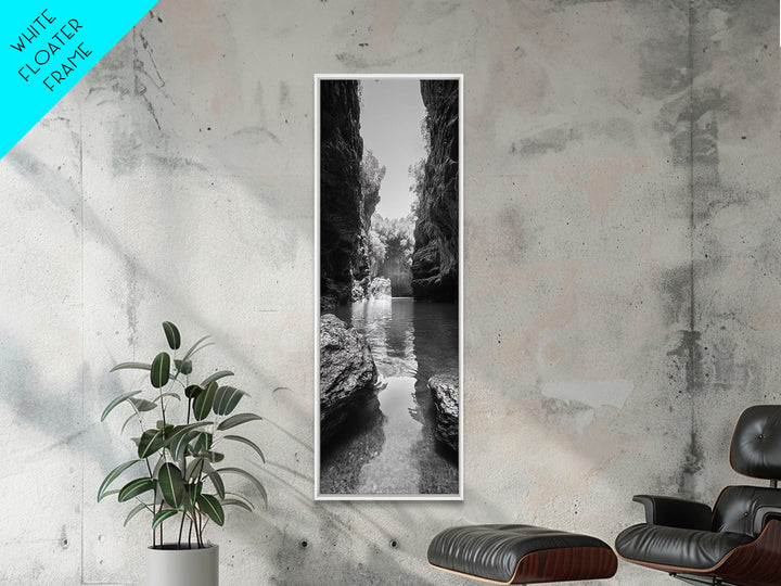 Cliff Canyon, Tranquil Water, Forest Reflection, Natural Pool, Framed Canvas Print, Black and White Nature Art, Spa Print, Hallway Decor