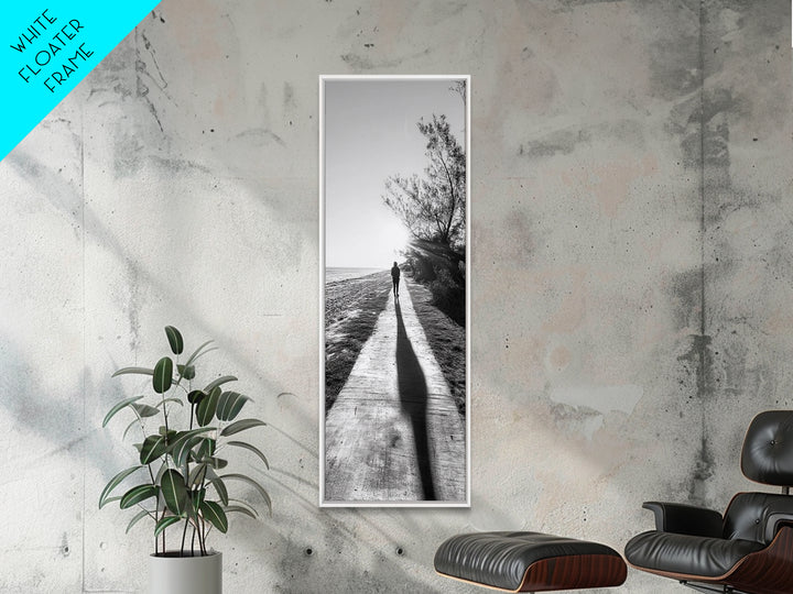 Walkway Shadows, Coastal Path, Minimalist Silhouette, Black and White Art, Framed Canvas Print, Hallway Decor, Calm Modern Wall Art