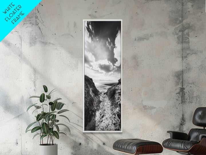Cliffside Horizon, Beach Escape, Black and White Nature, Framed Canvas Print, Coastal Wall Art, Entryway Decor, Minimalist Aesthetic