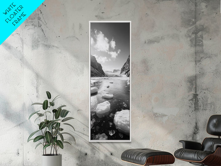 Arctic River, Snowy Mountains, Glacier Melt, Framed Canvas Print, Winter Landscape Art, Modern Living Room Decor, Nordic Aesthetic