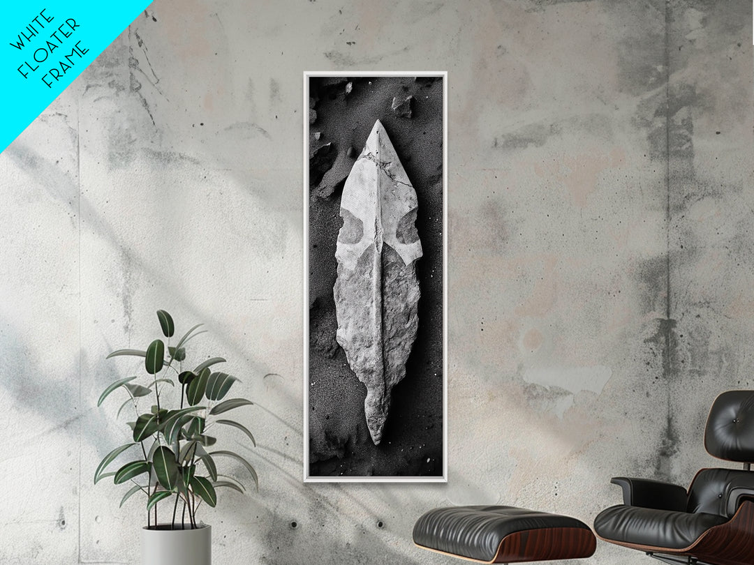 Ancient Arrowhead, Primitive Stone, Monochrome Artifact, Framed Canvas Print, Masculine Office Art, Boho Study Decor, Earthy Design
